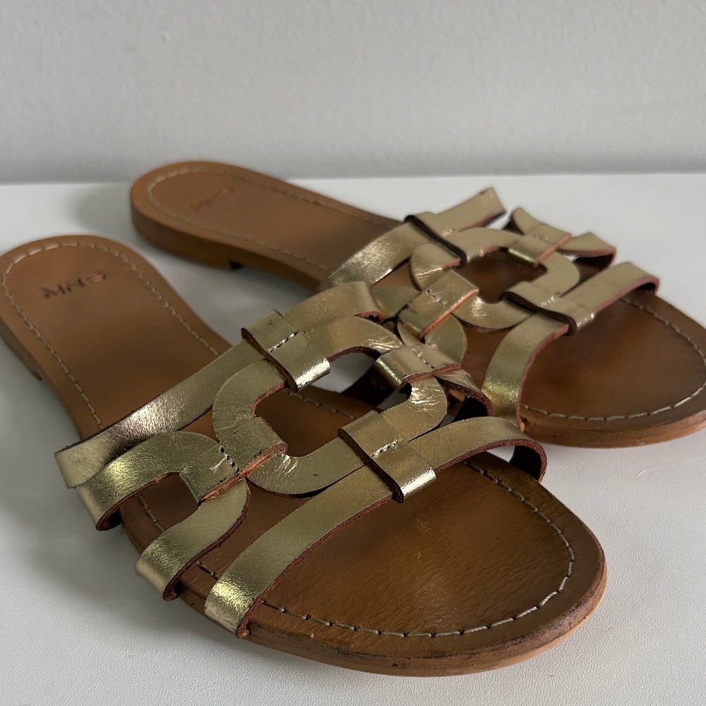 Mango Gold Metallic Strappy Slide Sandals EU 38 Flat Summer